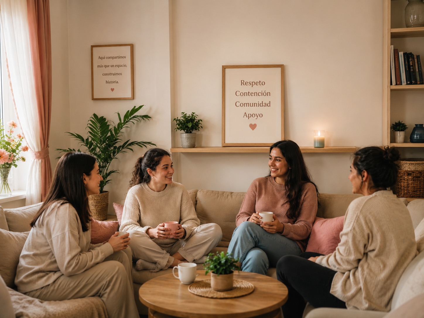 Mujeres compartiendo en la Casa Femenina — comunidad, respeto y apoyo